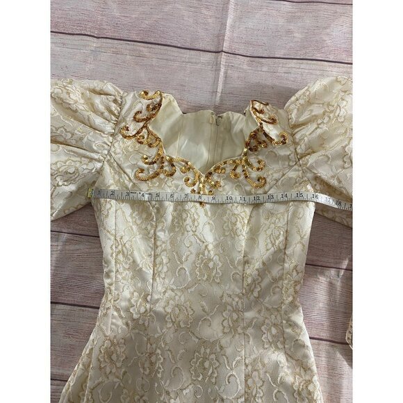 Vintage Mike Benet Formals Ivory Puff Sleeves Gown With Gold Trim - Small - Picture 7 of 14
